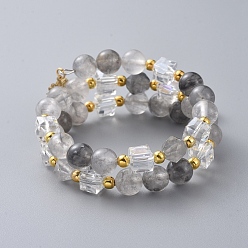 Quartz Two Loops Fashion Wrap Bracelets, with Natural Cloudy Quartz Beads, Cube Glass Beads, Lotus Flower 304 Stainless Steel Charms and Iron Spacer Beads, 2 inch(5cm)