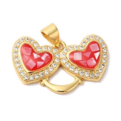 Красный Подвески с двойным сердцем из латуни с микропаве и кубическим цирконием, с эмалью и ракушкой, долговечный, без свинца и без кадмия, реальный 18 k позолоченный, красные, 15x25x5 мм, отверстие : 4x5 мм