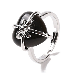 Обсидиан Сердце из натурального обсидиана с регулируемым кольцом с бантом, украшения из латунной проволоки для женщин, без кадмия и без свинца, платина, размер США 7 1/4~13 (17.5~22.3 мм)