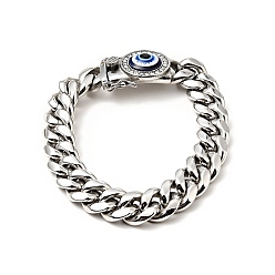 Stainless Steel Color 304 Stainless Steel Curb Chains Bracelet with Crystal Rhinestone, Resin Evil Eye Clasp Lucky Bracelet for Men Women, Stainless Steel Color, 9-5/8 inch(24.4cm)