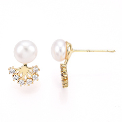 Real 18K Gold Plated Clear Cubic Zirconia Tree of Life Stud Earrings with Natural Pearl, Brass Earring with 925 Sterling Silver Pins, Real 18K Gold Plated, 13.5x8.5mm, Pin: 12x0.8mm
