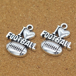 Antique Silver Tibetan Style Alloy Pendants, Rugby with Word I Love Football, Antique Silver, 20x18x3mm