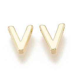 Letter V Brass Charms, Real 18K Gold Plated, Letter.V, 7~8.5x4~7.5x2mm, Hole: 1mm