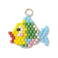 Colorful Handmade MIYUKI Delica Seed Loom Pattern, Fish Pendant with 304 Stainless Steel Jump Rings, Colorful, 17x19x1.8mm, Hole: 2.5mm