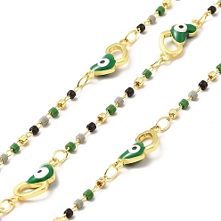 Real 18K Gold Plated Handmade Brass Enamel Heart with Evil Eye Link Chain, with Glass Beads, Soldered, with Spool, Cadmium Free & Lead Free, Real 18K Gold Plated, Heart: 14x6.5x3mm
