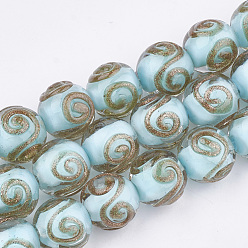 Pale Turquoise Handmade Gold Sand Lampwork Beads, Round, Pale Turquoise, 11.5~12.5x11~12mm, Hole: 1.5~2mm