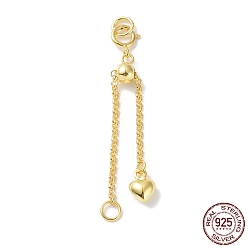 Real 18K Gold Plated 925 Sterling Silver Ends with Chains, with Spring Clasps, Slide Bead, Jump Ring and Heart Charms, Real 18K Gold Plated, 39mm, Hole: 2.6mm