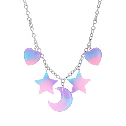 Pink Resin Star & Moon Pendants Necklace with Brass Cable Chains for Women, Pink, 16.14 inch(41cm)