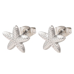 Stainless Steel Color 304 Stainless Steel Stud Earrings, Starfish, Stainless Steel Color, 10x10.5mm
