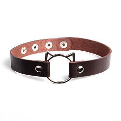 brown Cute Cat Head PU Leather Collar for Punk Fashion Street Style with Lock and Clavicle Chain Jewelry