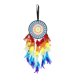 Colorful Iron Woven Web/Net with Feather Pendant Decorations, with Plastic Beads, Flat Round, Colorful, 655mm