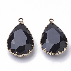 Black K9 Glass Pendants, with Golden Tone Brass Findings, Faceted, Drop, Black, 29~30x19x6~8.5mm, Hole: 2mm