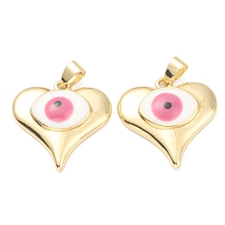 Ярко-Розовый Латунь эмаль подвески, реальный 18 k позолоченный, долговечный, сердце с сглаза, ярко-розовый, 26x25x6 мм, отверстие : 3.5x5.5 мм