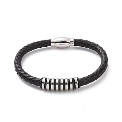 Stainless Steel Color Black Leather Braided Cord Bracelet with 304 Stainless Steel Magnetic Clasps, 201 Stainless Steel Beaded Punk Wristband for Men Women, Stainless Steel Color, 8-5/8 inch(22cm)