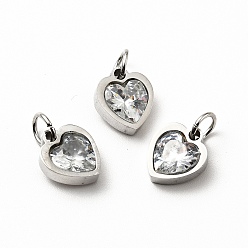 Clear 304 Stainless Steel Pendants, with Cubic Zirconia and Jump Rings, Single Stone Charms, Heart, Stainless Steel Color, Clear, 9x8x3mm, Hole: 3.6mm