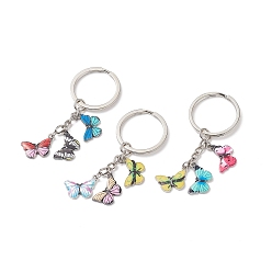 Mixed Color 3Pcs Colorful Butterfly Alloy Enamel Pendant Keychain, with Iron Findings, Mixed Color, 7cm