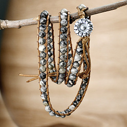 Камень Карты Браслеты из натуральных каменных бусин, имитирующих карту мира., Браслеты из вощеного шнура для женщин и мужчин, с пряжкой в виде подсолнуха из сплава, 19.69 дюйм (50 см)