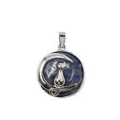 Sodalite Natural Sodalite Pendants, Moon Charms, with Platinum Plated Alloy Cat Shape Findings, 28x24mm