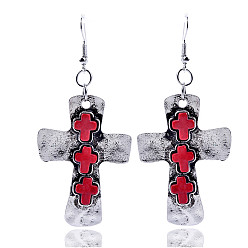 Ancient Silver Crimson Vintage Turquoise Cross Alloy Earrings Pendant Studs for Faithful Fashionistas