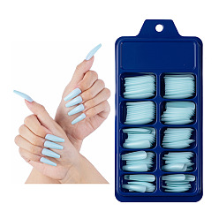 Light Sky Blue 100Pcs 10 Size Trapezoid Plastic False Nail Tips, Full Cover Press On False Nails, Nail Art Detachable Manicure, for Practice Manicure Nail Art Decoration Accessories, Light Sky Blue, 26~32x7~14mm, 10Pcs/size