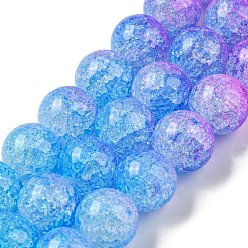 Dodger Blue Spray Painted Crackle Glass Beads Strands, Gradient Color, Segmented Multi-color Beads, Round, Dodger Blue, 10mm, Hole: 1mm, about 38pcs/strand, 15.28 inch(38.8cm)