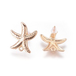 Light Gold Brass Stud Earring Findings, with Plastic Ear Nuts and Loop, Long-Lasting Plated, Starfish/Sea Stars, Light Gold, 18x17x2mm, Hole: 1.2mm, Pin: 0.7mm