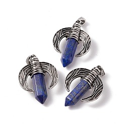 Lapis Lazuli Natural Dyed Lapis Lazuli Pendants, with Antique Silver Tone Alloy Ox Horn Findings, Cadmium Free & Lead Free, Faceted Bullet Charm, 49x36x15mm, Hole: 4x8mm