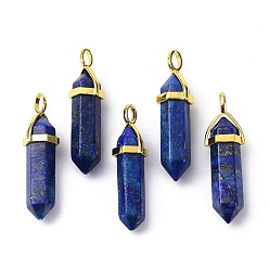 Lapis Lazuli Natural Lapis Lazuli Pointed Pendants, with Random Brass Pendant Hexagon Bead Cap Bails, Golden, Dyed, Bullet, 38.5~40x12~12.5x10~11mm, Hole: 3x4.5mm