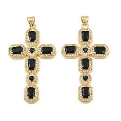 Black Brass Micro Pave Cubic Zirconia Pendants, Octagon Shaped Cross Charms, Cadmium Free & Lead Free, Golden, Black, 45.5x26x4.5mm, Hole: 5mm