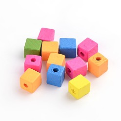 Mixed Color PandaHall Elite Cube Wood Beads, Mixed Color, 14x14x14mm, Hole: 5mm, about 50pcs/box