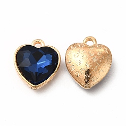 Dark Blue Faceted Glass Rhinestone Pendants, with Golden Tone Zinc Alloy Findings, Heart Charms, Dark Blue, 16.5x14x6.5mm, Hole: 1.6mm