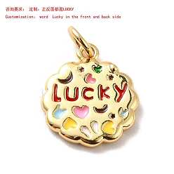 Настоящее золото 18K Стойка металлическая латунная микропрофилированная кубическая циркония подвески, без кадмия и без свинца и без никеля, с эмалью и кольцом для прыжков, плоский круглый со словом удачливый, реальный 18 k позолоченный, 15.5x13.5x2 мм, Перейти кольцо: 5x0.6 мм, внутренний диаметр: 3.5 мм