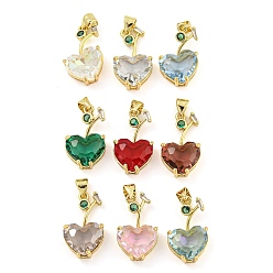 Mixed Color Rack Plating Brass Micro Pave Clear Cubic Zirconia Pendants, with Glass, Long-Lasting Plated, Cadmium Free & Lead Free, Real 18K Gold Plated, Cherry Charms, Mixed Color, 20.5x12x7mm, Hole: 4x3.5mm