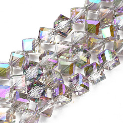 Medium Orchid Electroplate Transparent Glass Beads Strands, Faceted, Diagonal Cube Beads, Medium Orchid, 8.5x9.5x9.5mm, Hole: 1.5mm, about 80pcs/strand, 25.98 inch(66cm)