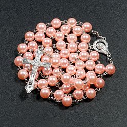 Light Salmon Plastic Imitation Pearl Rosary Bead Necklace for Easter, Alloy Crucifix Cross Pendant Necklace with Iron Chains, Light Salmon, 27.56 inch(70cm)