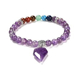Amethyst Natural Amethyst & Mixed Gemstone Round Beaded Stretch Bracelets, Chakra Theme Bracelet with Half Heart Charms, Inner Diameter: 2-1/4 inch(5.75cm)