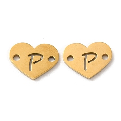 Letter P Ion Plating(IP) 304 Stainless Steel Connector Charms, Heart with Letter, Golden, Letter P, 9x12x1mm, Hole: 1.5mm