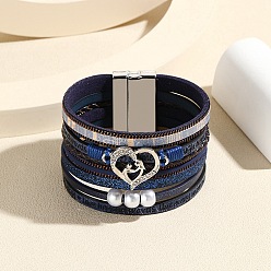 Marine Blue Heart Link Leather Multi-strand Bracelets, Word Bracelet with Magnetic Clasp for Mother's Day, Marine Blue, 7-7/8 inch(20cm)