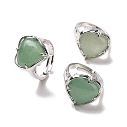 Зеленый Авантюрин Регулируемое кольцо с сердцем из натурального зеленого авантюрина, украшения из латуни для женщин, без свинца и без кадмия, платина, внутренний диаметр: 16.5~21 мм