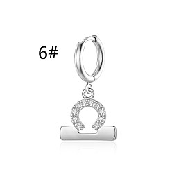 Libra Clear Cubic Zirconia Constellation Dangle Hoop Earrings, 304 Stainless Steel Jewelry for Women, Stainless Steel Color, Libra, 6mm