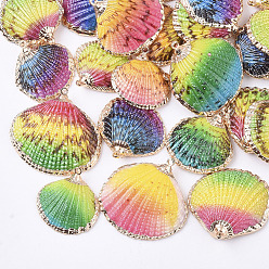 Mixed Color Electroplate Shell Pendants, with Brass Findings, Dyed, Light Gold, Mixed Color, 22.5~30.5x22~32x5~9mm, Hole: 1.6mm