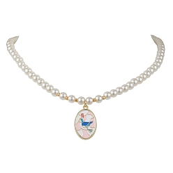 Bird White Glass Pearl Beaded Necklaces, Alloy Enamel Pendants Necklaces  for Women, Flower, Golden, Bird, 15.63 inch(39.7cm)