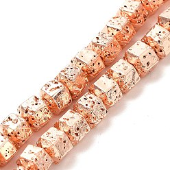 Rose Gold Plated Electroplated Natural Lava Rock Beads Strands, Hexagon, Rose Gold Plated, 6.5x7.5x6mm, Hole: 1mm, about 66~67pcs/strand, 15.28~15.35 inch(38.8~39cm)