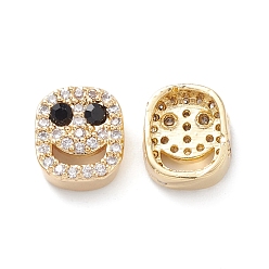 Black Brass Micro Pave Cubic Zirconia Beads, Lead Free & Cadmium Free, Long-Lasting Plated, Real 18K Gold Plated, Oval with Smiling Face, Black, 9x8x4mm, Hole: 1mm