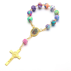 Golden Rosary Bracelet for Easter, Alloy Crucifix Cross Charm Bracelet with Polymer Clay Beaded Chains for Women, Golden, 5-1/2 inch(14cm)