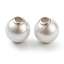 White Plastic Imitation Pearl Beads, with Stainless Steel Color Plated 304 Stainless Steel Cores, Round, White, 16x17mm, Hole: 3.5mm