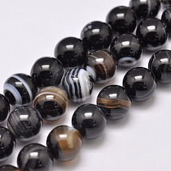 Black Natural Striped Agate/Banded Agate Bead Strands, Dyed & Heated, Round, Grade A, Black, 10mm, Hole: 1mm, about 39pcs/strand, 15.2 inch(387mm)
