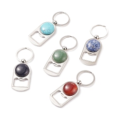 Mixed Stone Zinc Alloy Bottle Openers, Beer Opener Keychain, with Natural Gemstone Cabochons & Paper Box Package, 90mm