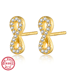 Infinity 925 Sterling Silver Rhinestone Stud Earrings, Real 18K Gold Plated, with with S925 Stamp, Infinity, 10x4mm