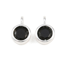 Schwarz Messing pflastern Zirkonia Charme, mit Ringe springen, Einzelstein-Anhänger, flache runde Charme, Silbern Silberfarbig, Schwarz, 9x6x4 mm, Bohrung: 1.8 mm